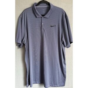 Nike Dri Fit Golf Polo Shirt Men 2XL Striped Navy Blue Gray Short Sleeve Logo